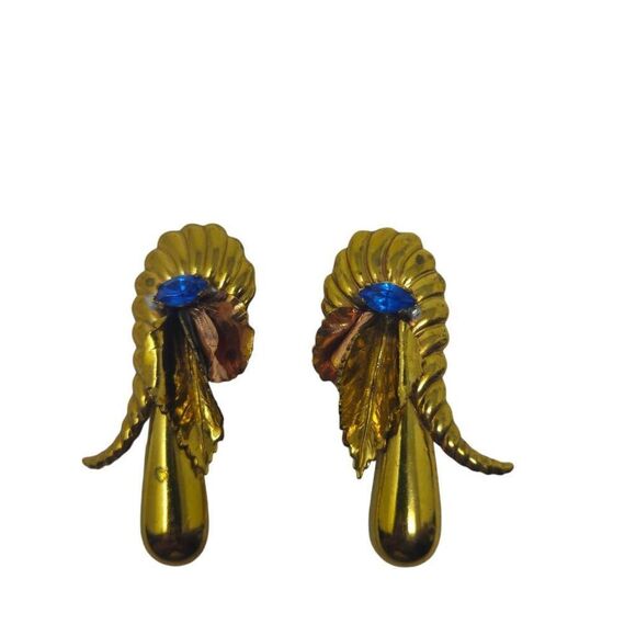 Vintage Gold and Blue Art Deco-Inspired Clip-On Earrings - Picture 1 of 9